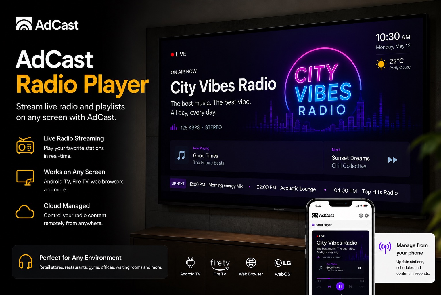 Play Radio and Digital Signage Ads on the Same Screen with AdCast